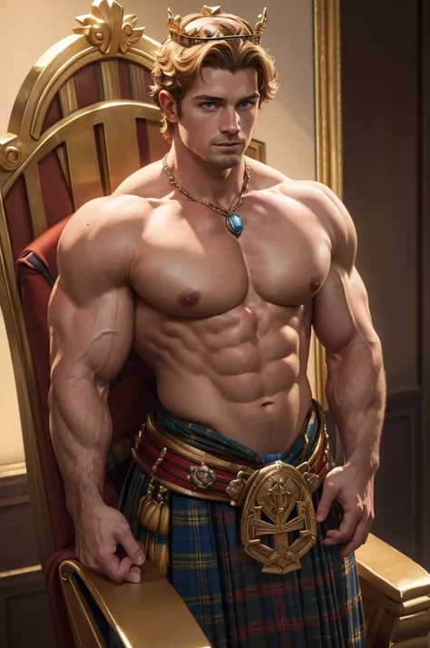 (a scottish prince,standing on a throne,wearing a crown,muscular pectorals and biceps,oil painting,realistic,highres,portrait,vivid colors,warm tones,soft lighting)