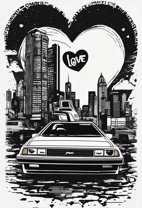 t-shirt design with a side view, using black ink on a white background. The design should include a text logo love 90s with a heart symbol. Incorporate elements like Pac-Man, floppy disks, cassette tapes, and CDs. Include a Back to the Future theme with th...