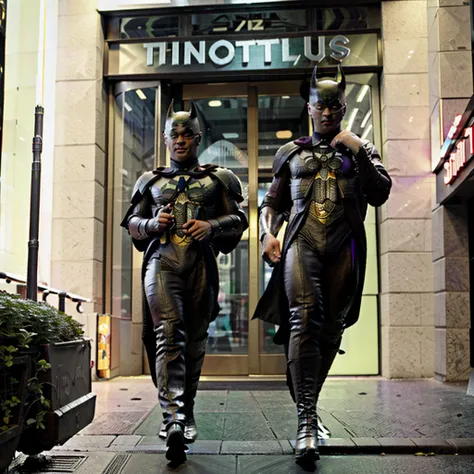 The Batman character together with the Ninja Turtle character Donatello walking in New York City 