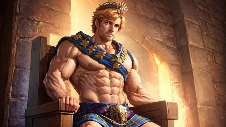 (a scottish prince,standing on a throne,wearing a crown,muscular pectorals and biceps,oil painting,realistic,highres,portrait,vivid colors,warm tones,soft lighting)