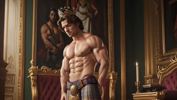 (a scottish prince,standing on a throne,wearing a crown,muscular pectorals and biceps,oil painting,realistic,highres,portrait,vivid colors,warm tones,soft lighting)