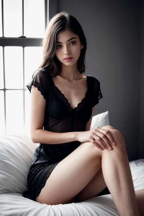 a sexy slim 18 year old woman sitting on a bed, sensual, short sleeve black nightdress, visible legs, beautiful detailed eyes, beautiful detailed lips, extremely detailed eyes and face, long eyelashes, photorealistic, hyperdetailed, high quality, digital p...