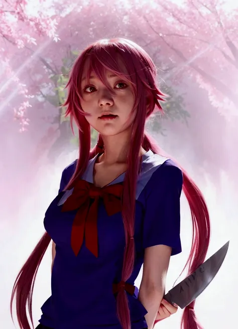 anime girl with long pink hair holding a knife and wearing a blue shirt, gapmoe yandere, iwakura lain, gasai yuno, yandere. tall...