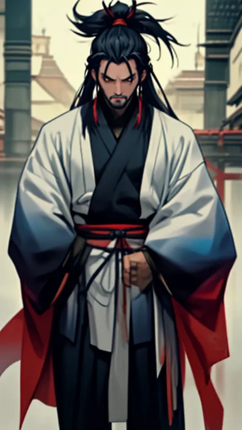 man 22 years long hair ronin kimono blue miamoto musashi barba por fazer