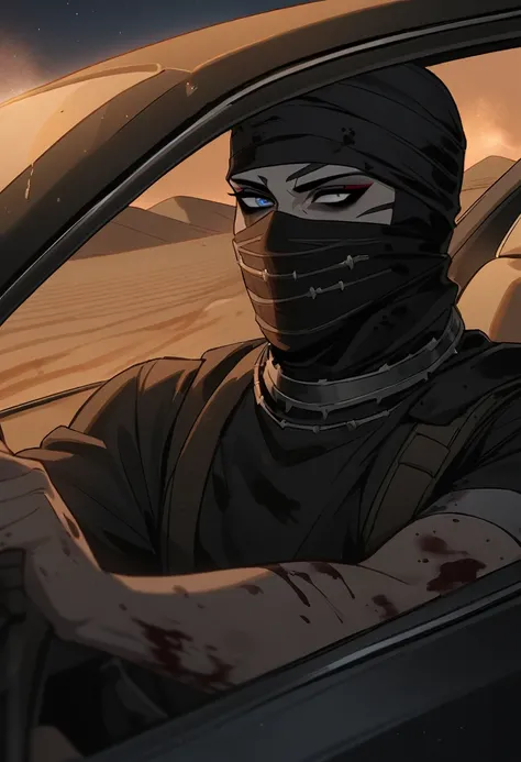 Male arab modern terrorist, terrorist, black balaclava, black bandage, blood on body, black clothes, thin waist, femboy, light skin, makeup, black eyeliner, big eyelashes, black eyeshadow, choker, inside the car, desert, night, sandstorm, makeup 