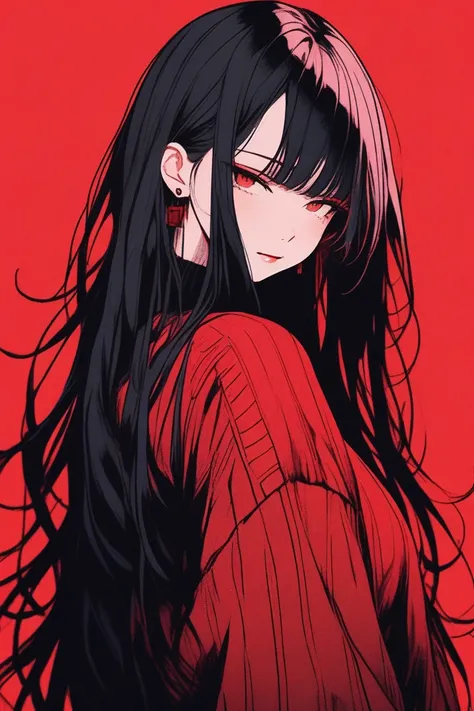 (best quality, sketch:1.2),realistic,illustrator,anime,1 girl, detailed lips, sweater, custom, red gradient background, neon hair, dark red straight hair, long all-back hair, forehead showing, all back bangs, overconfident attitude, mean smile, red straigh...