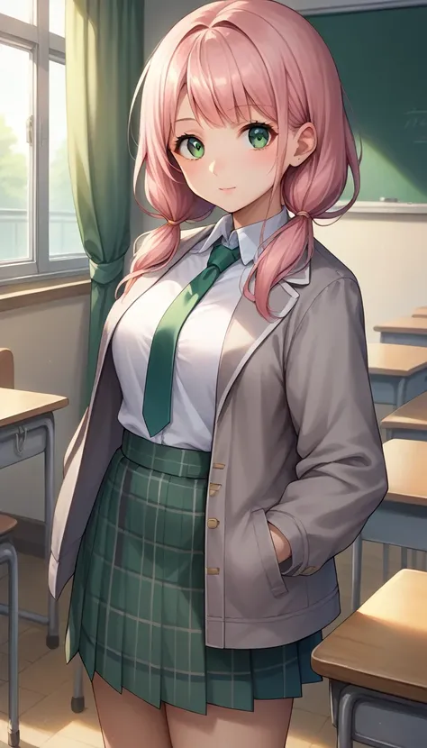 score_9, score_8_up, score_7_up, score_6_up, source_anime, 1girl, solo, Uehara Himari, green eyes, pink hair, low twintails, standing, looking at viewer, grey jacket, closed jacket, white shirt, green necktie, green skirt, plaid skirt, indoors, classroom