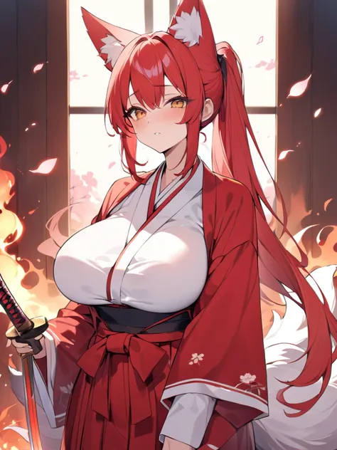 Red long ponytail、Fox ears and nine fox tails of the same color as her hair、A sword with a burning blade、A man wearing a red jacket and hakama、Very large bust、Cherry blossoms and flames scatter、お姉さん、Masterpiece、8k