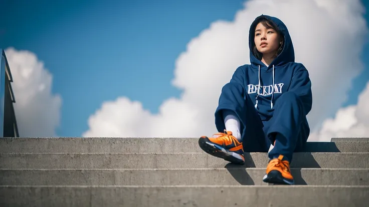 1 girl,blue sky,blurred background,architecture,City,cloud,cloudy sky,sky,depth of field,hood,hooded Jacket,hoodie,Jacket,Side,Orange Hoodie,look up,Shoe close to the camera,from below,whole body,lips,long sleeve,looking at the audience,motion blur,outdoor...