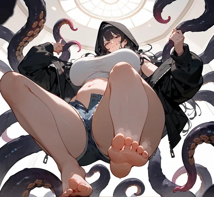 A woman showing her stinky feet from a low angle，barefoot，Sole，White Belly Tank Top，Wearing a black hooded jacket with no zipper，Bangs, Long hair，齐Bangs, Denim shorts，Anatomically correct, Large Breasts(d), Smirk，Mature，Background is the ceiling，Tentacles，...