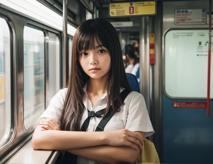 girl holding grip in train