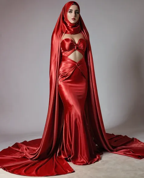 a sexy a woman covered in large red satin cloth, tied tightly with the satin cloth, mummified, the satin hanging down very long, a mermaid style dress, wearing a satin hijab, the satin cloth is very long, forming the curve of the body, flowy satin about 4 ...