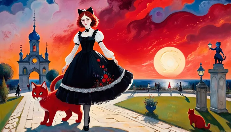 (Girl with giant big red cat) crimson sunset  promenade,  Baroque, Gothic lolita, cute, 1 girl, solo, full body, black dress, absurdity, white lace, ((Marc Chagall style)), magical naive art, primitivism, protogen,((Better quality, masterpiece)),
(Higher d...