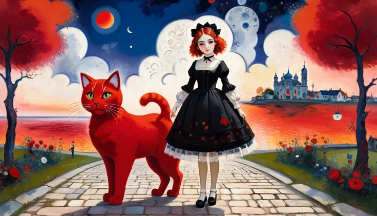 (Girl with giant big red cat) crimson sunset  promenade,  Baroque, Gothic lolita, cute, 1 girl, solo, full body, black dress, absurdity, white lace, ((Marc Chagall style)), magical naive art, primitivism, protogen,((Better quality, masterpiece)),
(Higher d...