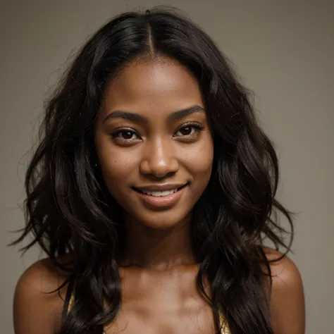 masterpiece, close up best quality, 1 girl, solo, beautiful African and sensual Asian mixed 19 year old, smiling, ebony skin female, long, frizzy, curly dark hair, perfect face, long hair
