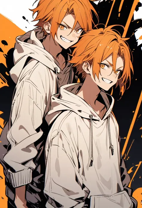 Orange Hair,　male, Grin, Bad look,　hoodie,　Are standing, Background white,