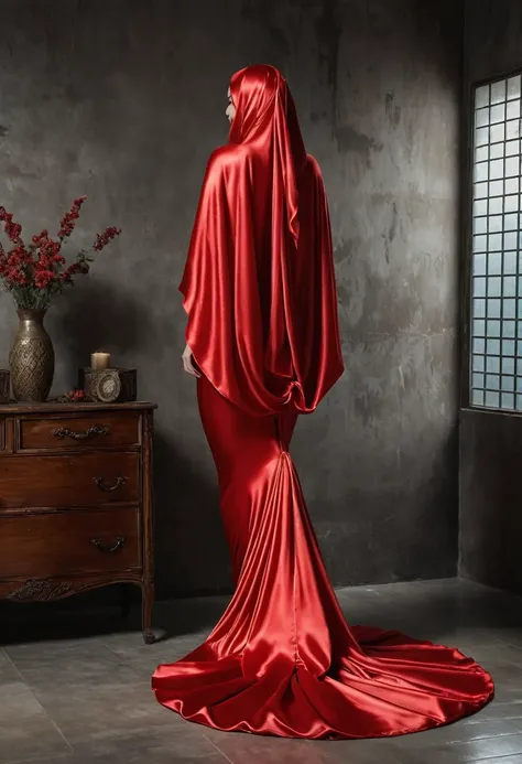 a sexy a woman covered in large red satin cloth, tied tight with the satin cloth, mummified, the satin hanging down very long, a mermaid style gown, wearing a satin hijab, the satin gowb is very long, forming the curve of the body, flowy satin about 4 mete...