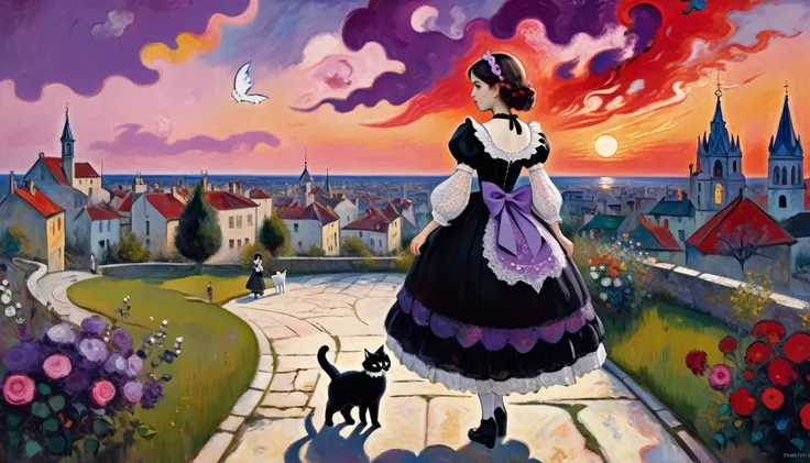 (Girl with giant big liliac cat) crimson sunset  promenade,  Baroque, Gothic lolita, cute, 1 girl, solo, full body, black dress, absurdity, white lace, ((Marc Chagall style)), magical naive art, primitivism, protogen,((Better quality, masterpiece)),
(Highe...