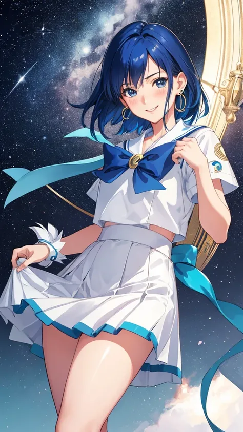 (Solo, 1girl in), (absurderes, hight resolution, official wallpaper, poster for), (masutepiece, Best Quality:1.2), (Illustration, Realistic), (perfect  detail, highest details, ighly detailed), Dramatic light, Ami Mizuno, (Sailor Mercury, Neck ribbon, Blue...