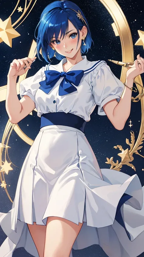 (Solo, 1girl in), (absurderes, hight resolution, official wallpaper, poster for), (masutepiece, Best Quality:1.2), (Illustration, Realistic), (perfect  detail, highest details, ighly detailed), Dramatic light, Ami Mizuno, (Sailor Mercury, Neck ribbon, Blue...