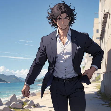 ((best qualityer)), (detailded), (アニメ), (realisitic),1 white man with dark curly hair wearing a suit alone in a landscape