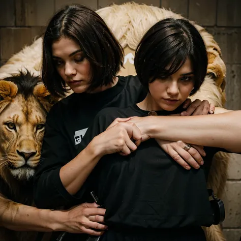 A woman with a "boyhaircut" hugging a lion, with a gun in her hand, shes wearing all black outfit full of blood.