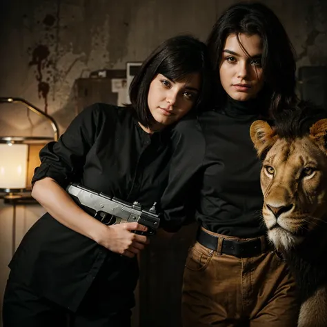 A woman with a "boyhaircut" hugging a lion, with a gun in her hand, shes wearing all black outfit full of blood.