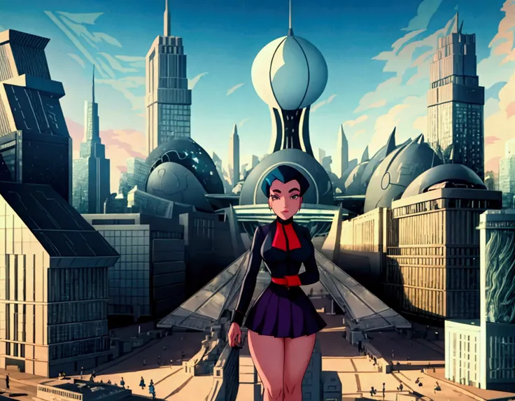 a young  in a short skirt uniform, crossing a futuristic park, atompunk style, in the middle of a futuristic city, outdoors, googie architecture buildings, (masterpiece, detailed, high resolution:1.4)