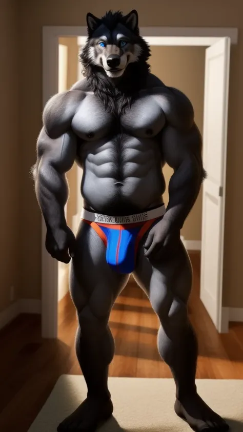 Spicy hairy wolf alone serious smile wearing a sexy jockstrap underwear and no shirt looking at the camera and showing an arm and sexy blue eyes muscular man and a gay pose delicious black adult 28 years old adduct sex HDR 32k