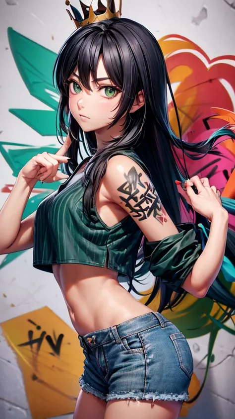 (cowboy shot), (Best Quality, ultra high resolution, depth of field:1.2), adult, 1 woman, toned body, medium breasts, Wide hips, Alone, black hair with two green strands , striped hair, Long hair, hits, black and green crop top,with a crown,and white wings...