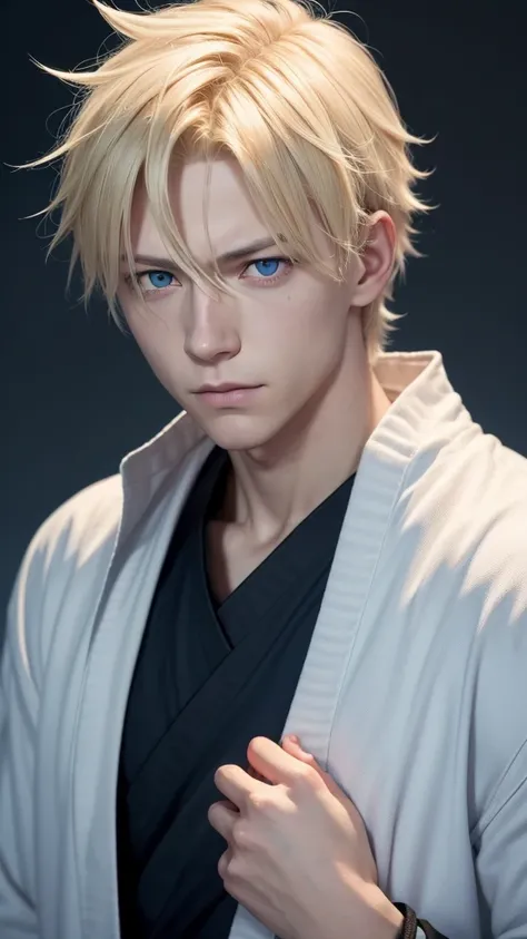 Create There is a boy with blond hair, blue colored eyes, Caucasian skin, which has the face of the character Toji from Jujutsu Kaisen.He has kind of messy hair. His hair is very full and also very messy..