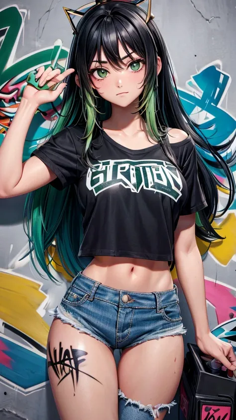 (cowboy shot), (Best Quality, ultra high resolution, depth of field:1.2), (anime style),
adult, 1 woman, toned body, medium breasts, Wide hips, Alone, black hair with two green strands , striped hair, Long hair, hits, black and green crop top,with a crown,...