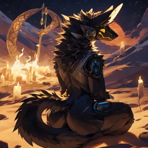 Masterpiece, High quality, best quality, best details, anime artstyle, 2d lineart, anime 2d lineart, Furry, protogen, black fur, fluffy fur, yellow ears, yellow eyes, fluffy fur, white fluffy shark tail, black desert and black sands on background,  nudes, ...