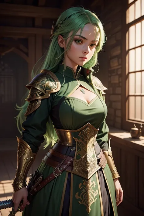 1girl, green hair, amber eyes, modest clothing, swordsman, weaponsmith, fantasy, high detailed face, detailed clothing, ornate armor, intricate weapon design, warm lighting, cinematic composition, photorealistic, 8k, hyperdetailed, masterpiece