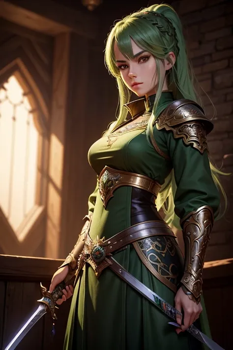 1girl, green hair, amber eyes, modest clothing, swordsman, weaponsmith, fantasy, high detailed face, detailed clothing, ornate armor, intricate weapon design, warm lighting, cinematic composition, photorealistic, 8k, hyperdetailed, masterpiece