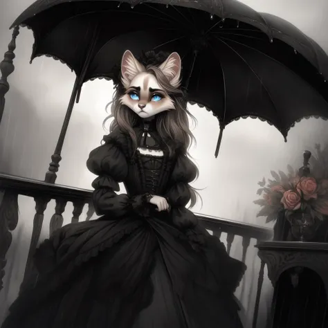 anthropomorphic furry female Siamese cat, with long brown hair, blue eyes, cloudy weather, rain, rainy weather, autumn season, Victorian-goth, gothic, gothic-woman, gothic girl, stands Victorian style, Victorian Gothic, Victorian era, holds an umbrella in ...