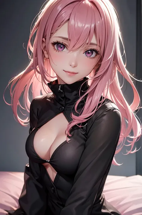 Best Quality,High resolution,8k,finelity detailed background,Masterpiece:1.2),beautiful girl,Shiny pink hair,crossed bangs,Pink eyes,Gentle look,A refreshing look,smile,Best quality,Best Quality,Aesthetic and aesthetic:1.2,Best details((Super detailed))(Hi...