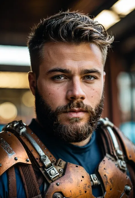 close-up portrait photo of a muscular bearded guy in a used mechanical suit, Intricate, (steel metal [rust]), chic, sharp focus, photo by greg rutkowski, soft lighting, swirly vibrant colors, work of art, ((streets)), face detailed