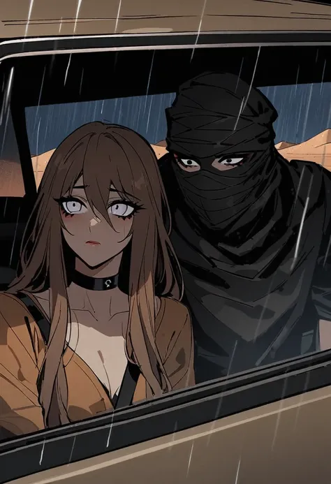 Male arab modern terrorist, terrorist, black balaclava, black bandage, white  eyes, black clothes, thin waist, femboy, light skin, makeup, black eyeliner, big eyelashes, black eyeshadow, choker, inside the car, desert, night, rain, hetero duo, 1girl, brown...