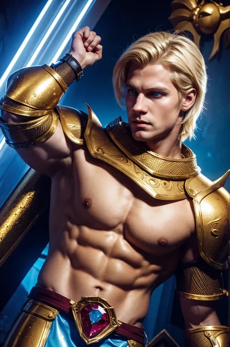 knight with golden armor, muscular, white skin, medium blond hair, blue eyes, double chin, defined jaw, rectangular face, six pack abs, with a ruby ​​splash, dreamcore, dark fantasy, 80s film style image