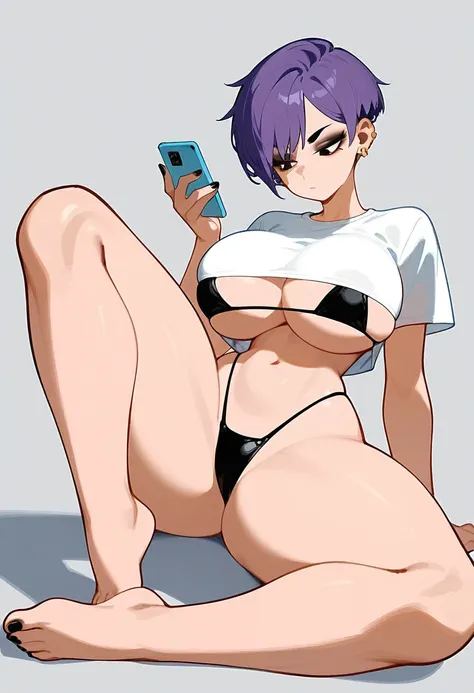 pale woman, short pixie cut purple hair, some hair on the back of her head, big earring, half lidded eyes, looking straight ahead, black eyeshadow, very massive huge breasts, very busty, small waist, wearing a very skin-tight plain white t-shirt, expressio...