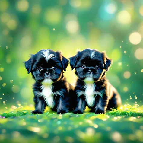 (masterpiece, best quality:1.2), 2 adorable small black Shih Tzu puppies on green background, cute numbersArt, Lovely and detailed digital art, 4k hd illustration wallpaper, Cute numbers, Blurred dream illustration, 4k hd wallpaper illustration, Cute 3d re...