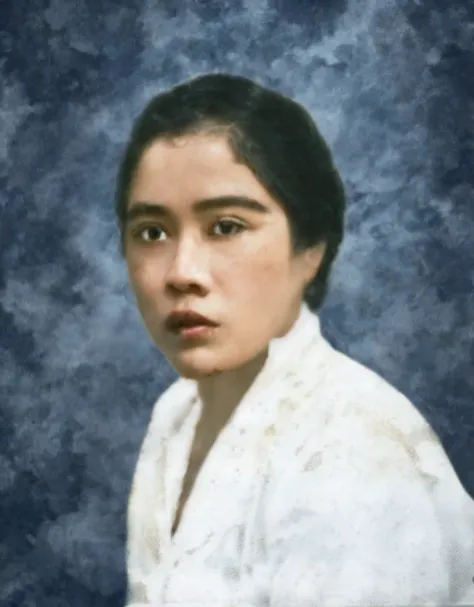 a woman with neat, finely detailed slightly curly black hair and almond-shaped eyes. She wore a white blouse with a traditional, realistic and highly detailed patterned collar