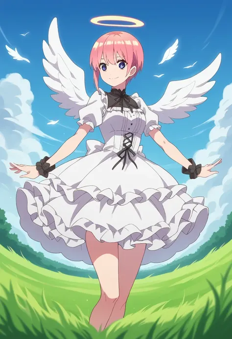 ichika nakano, short hair, bangs, blue eyes, hair between eyes, pink hair,Pink and white dress, Victoria Gothic Lolita Fashion, Lolita Style, , rococo dress, lolita fashion, one-piece,dress,petticoat,dynamic pose, angel wings, frills, tighthighs,halo, blue...