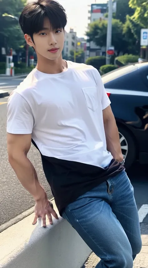 ((realistic daylight)) , Korean guy in only a navy black shirt and jeans., A handsome, muscular young Asian man looks at the camera. In a simple t-shirt black  , roadside traffic ,((look sideways))