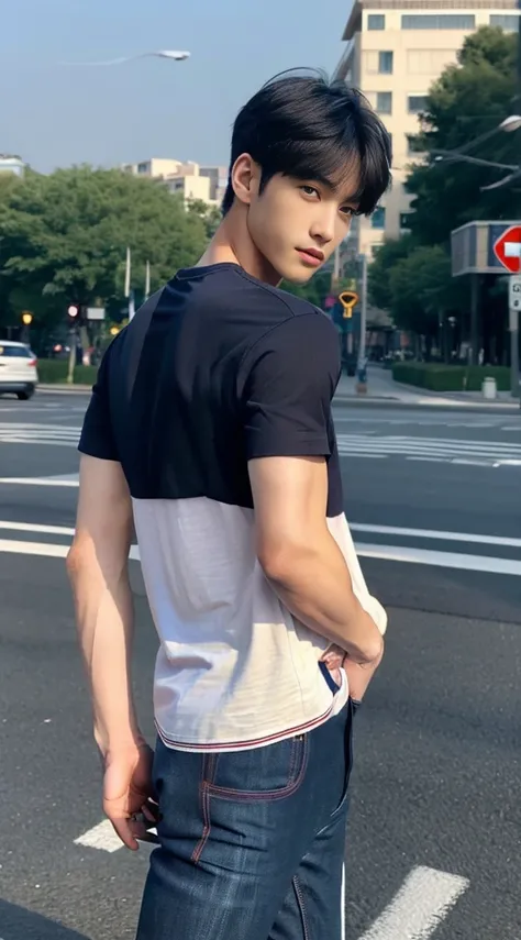 ((realistic daylight)) , Korean guy in only a navy black shirt and jeans., A handsome, muscular young Asian man looks at the camera. In a simple t-shirt black  , roadside traffic ,((look sideways))