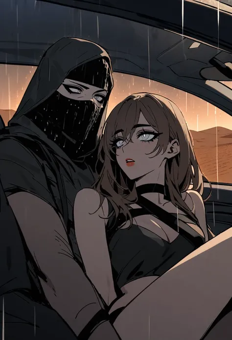 Male arab modern terrorist, terrorist, black balaclava, black bandage, white  eyes, black clothes, thin waist, femboy, light skin, makeup, black eyeliner, big eyelashes, black eyeshadow, choker, inside the car, desert, night, rain, hetero duo, 1girl, brown...