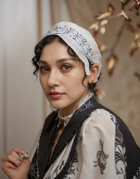 a woman with neat, finely detailed slightly curly black hair and almond-shaped eyes. She wore a white blouse with a traditional, realistic and highly detailed patterned collar