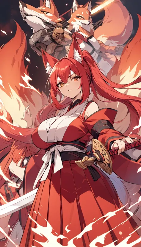 Long red ponytail Red fox ears and nine fox tails Very large bust Hakama with a red jacket Sword Flames Older sister 