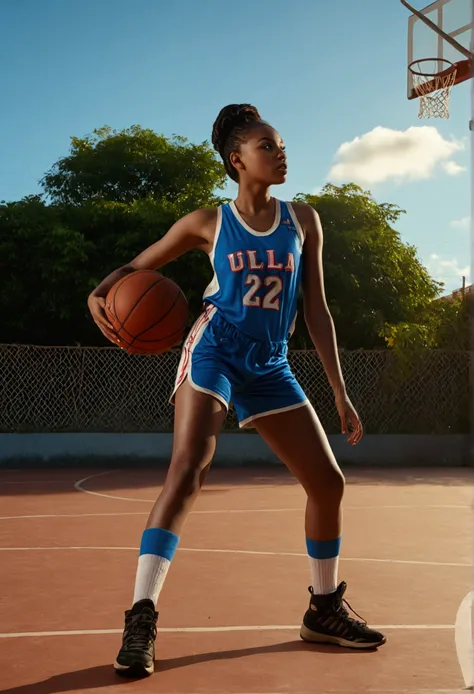 gorgeous young Martinican woman, playing basketball, wearing a long short and long socks, full body, beautiful face, masterpiece, best quality, ultra-detailed, solo, shadows, contrast, cinematic light, side lighting, ultra high resolution, best shadow, RAW...